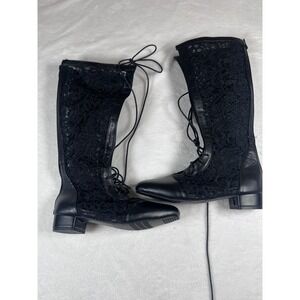 Lace Combat Boots Womens Size 8.5 Black Floral Mid Calf Zip Block Heel Shoes